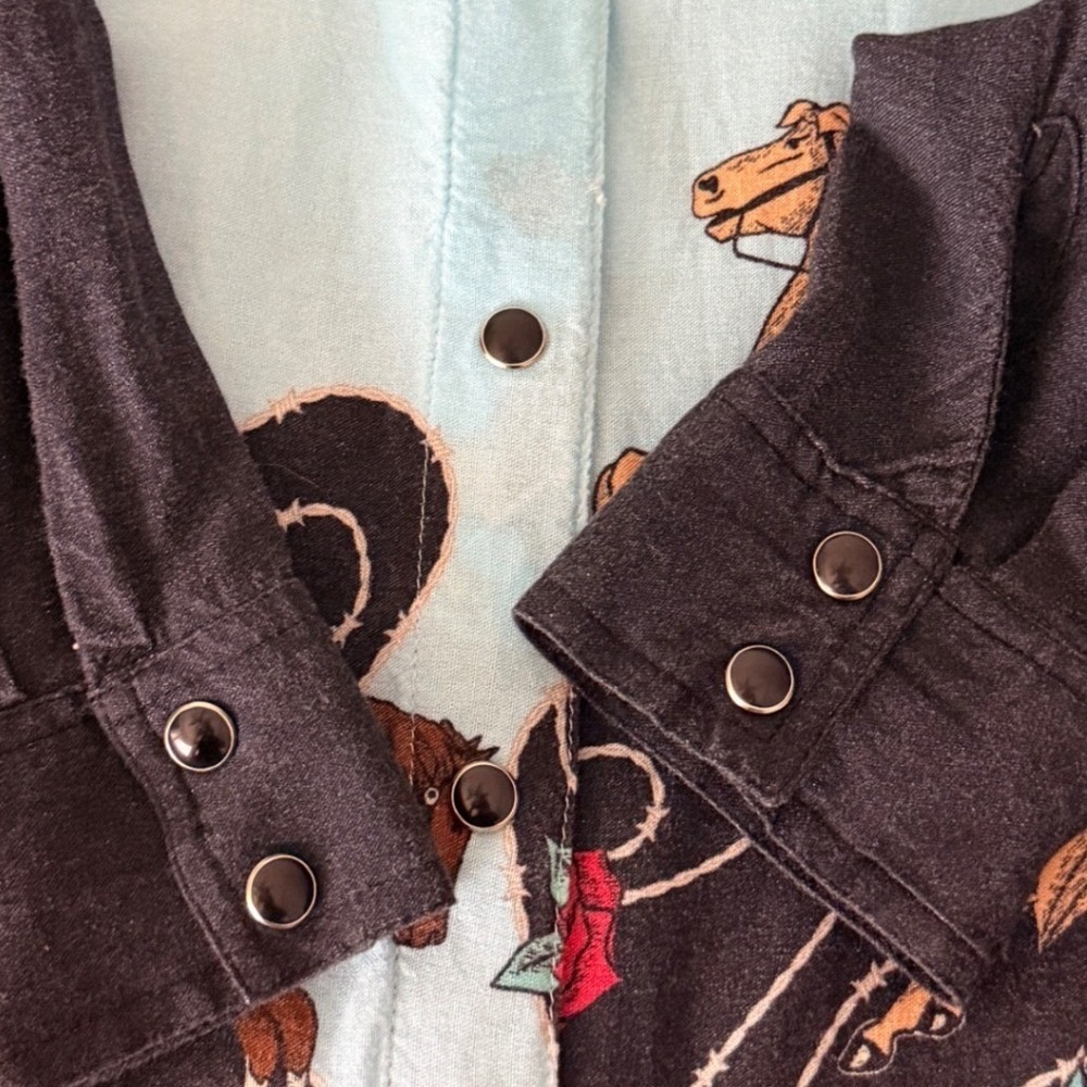 Roper Cowgirl Rider Western Shirt Blue Black Rayon - See measurements - Picture 8 of 10